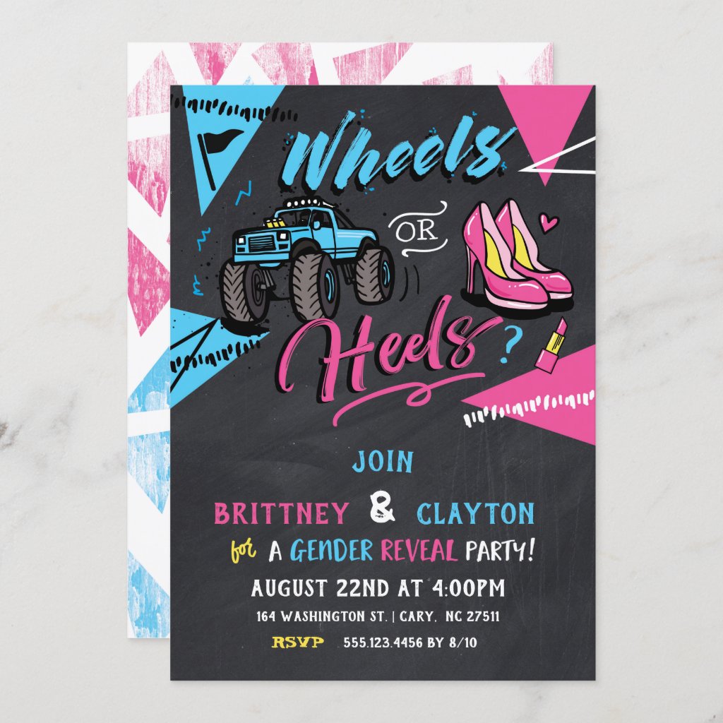 Wheels or heels gender reveal invitation