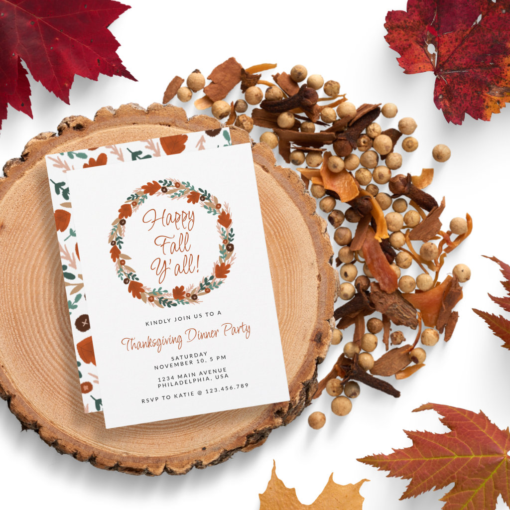 Thanksgiving Autumn Wreath Happy Fall Y’all Dinner Invitation