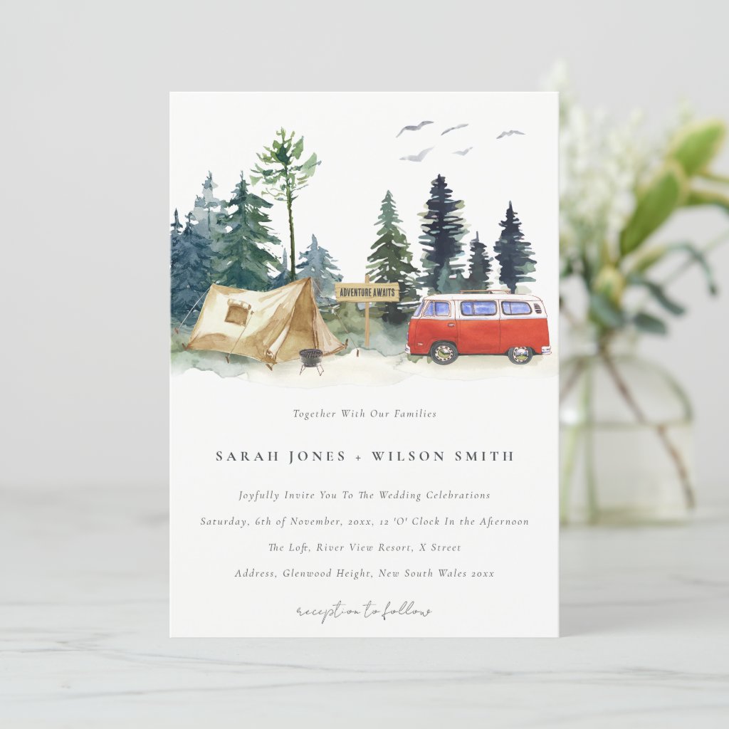 Elegant Camping Watercolor Pine Forest Wedding Invitation