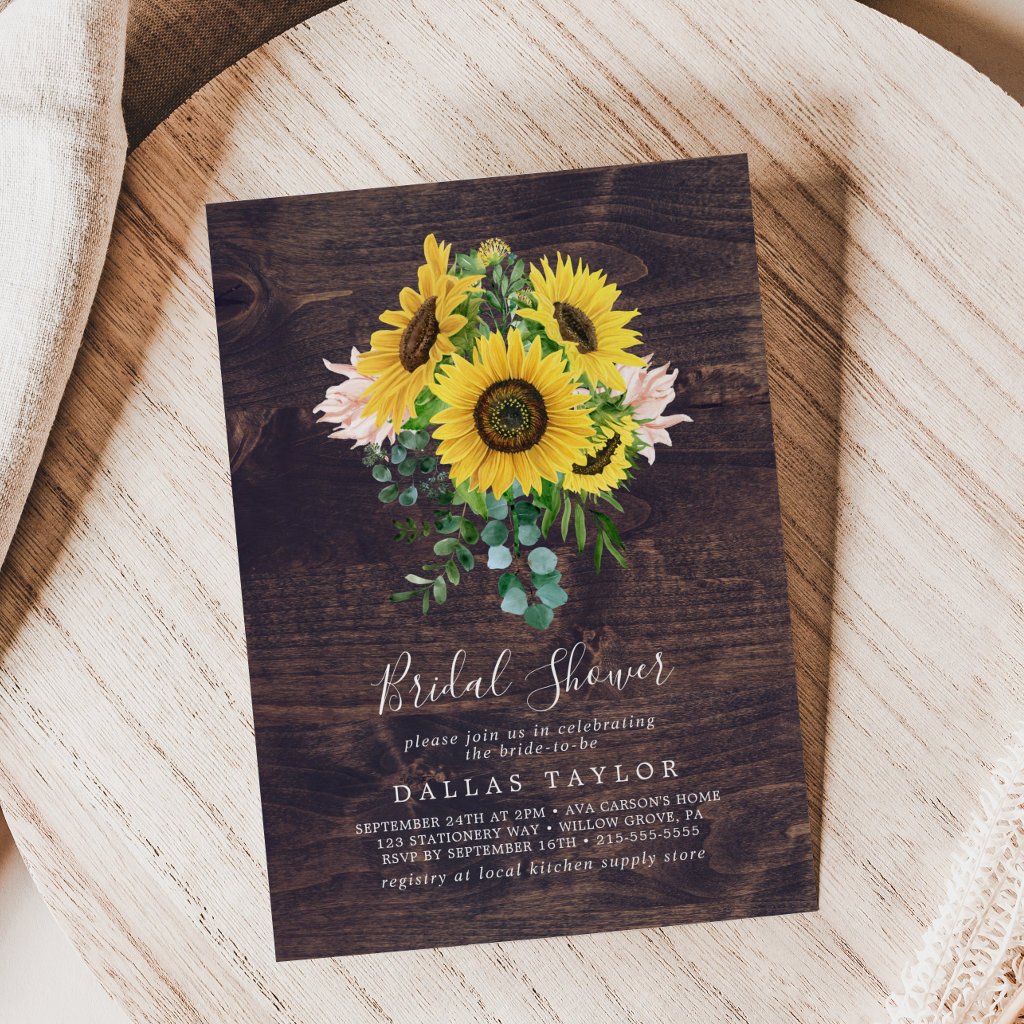 Rustic Sunflower Eucalyptus | Wood Bridal Shower Invitation