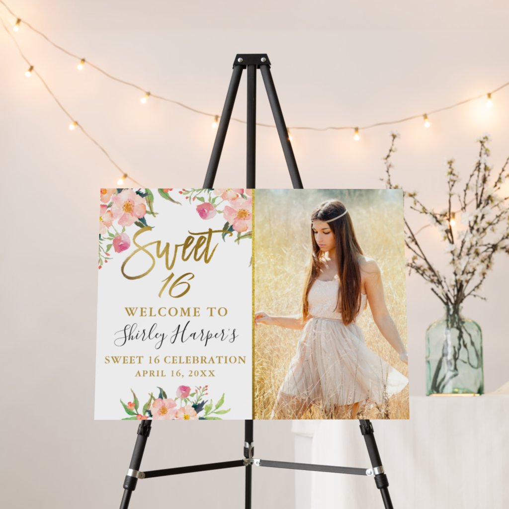 Pink Gold Floral Sweet 16 Birthday Photo Welcome Foam Board