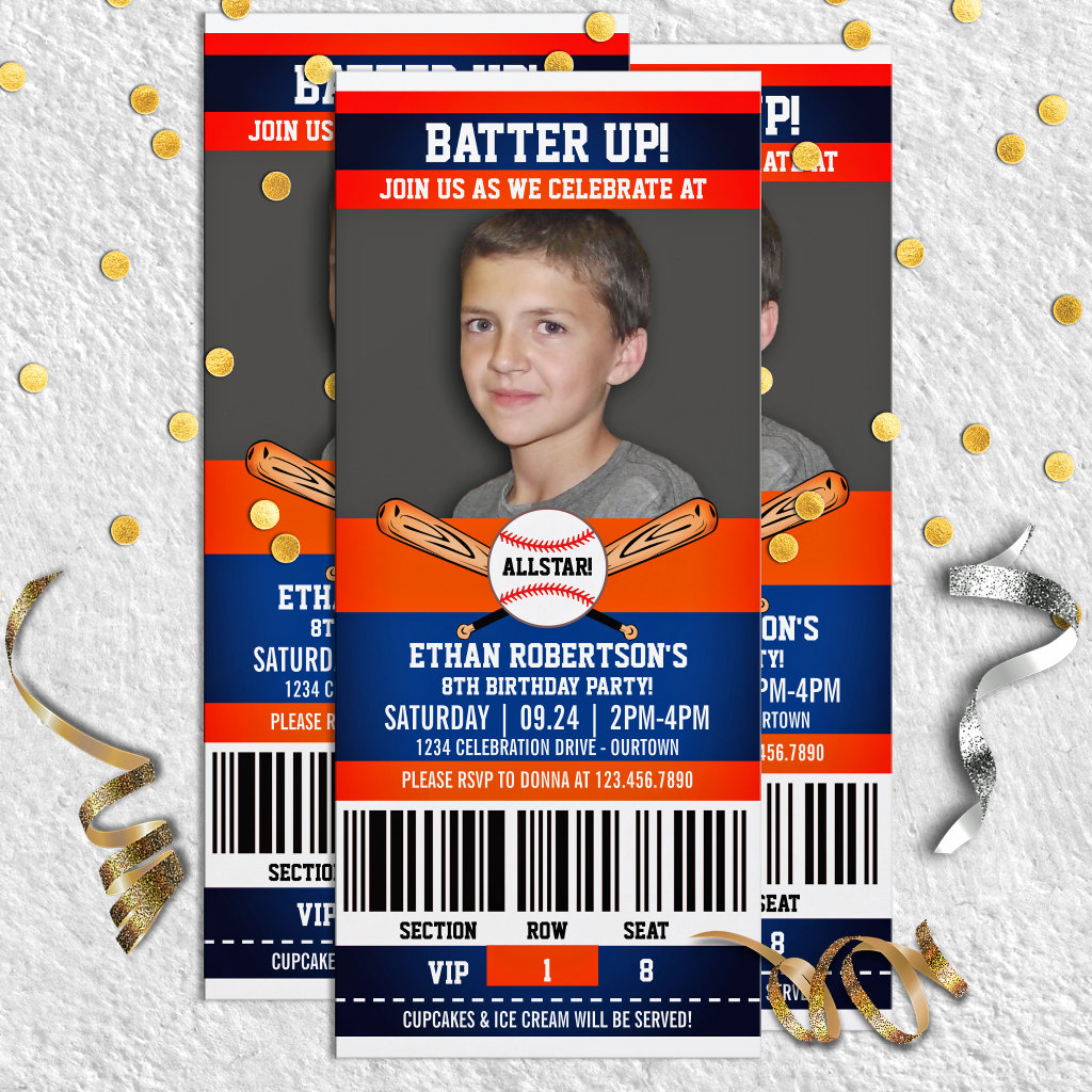Blue|Orange Ticket Style Baseball Birthday Party Invitation