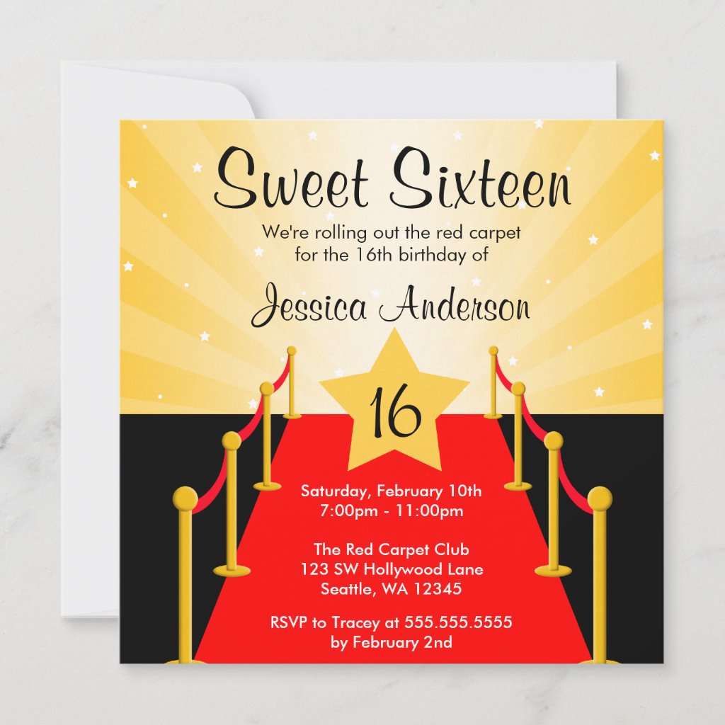 Red Carpet Hollywood Sweet 16 Birthday Party Invitation