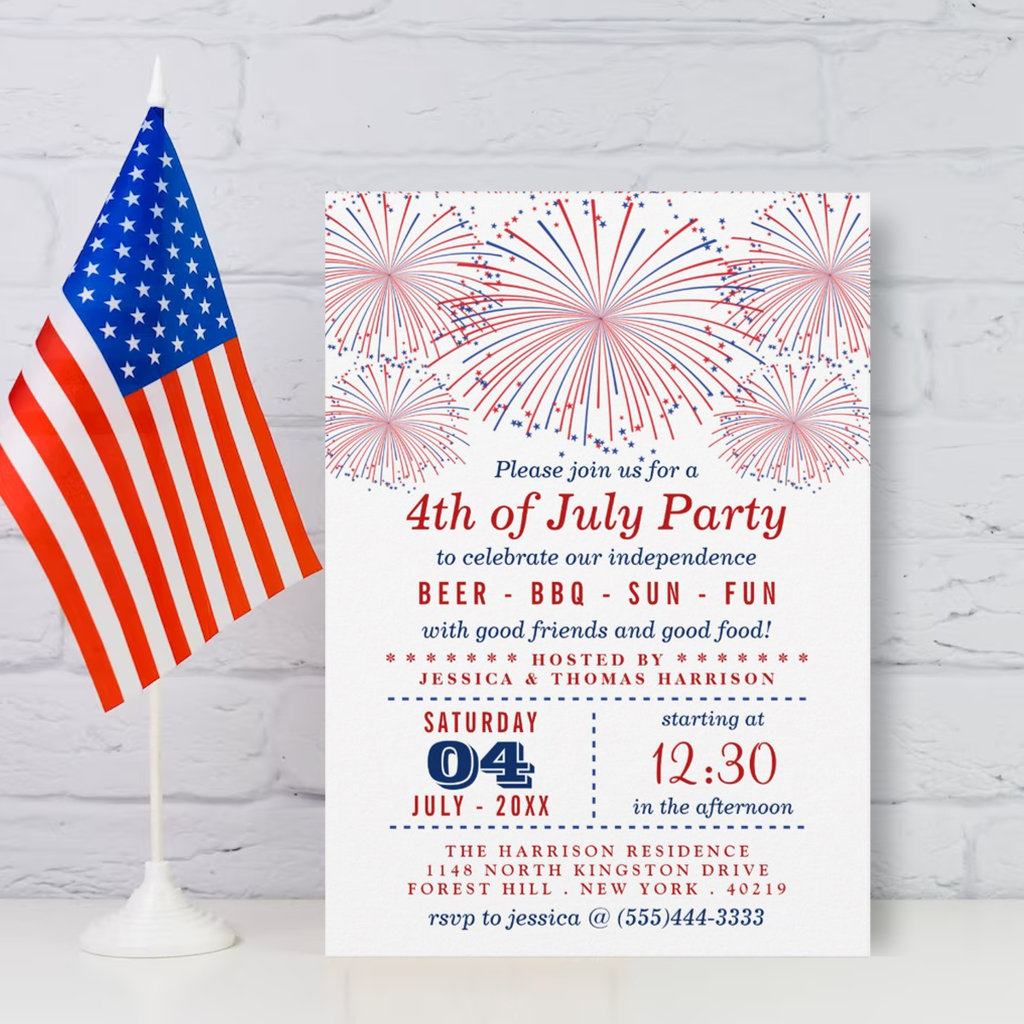 Red, White & Blue Fireworks 4th Of July Party Invitation