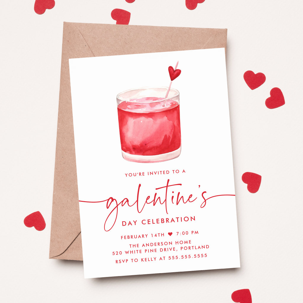 Watercolor Cocktail Galentine's Day Party Invitation