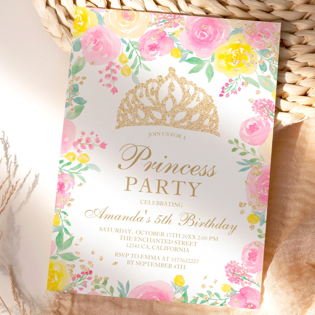 Pink floral watercolor photo tiara princess party invitation