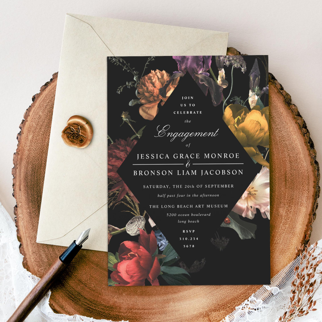 Dark Moody Romantic Floral Engagement Party Invitation