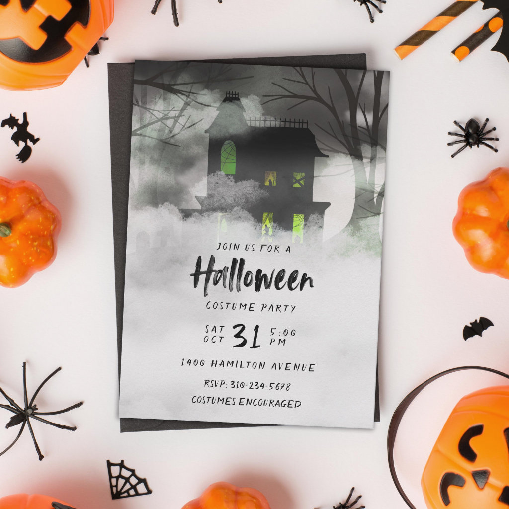 Foggy Haunted House Green Halloween Party Invitation