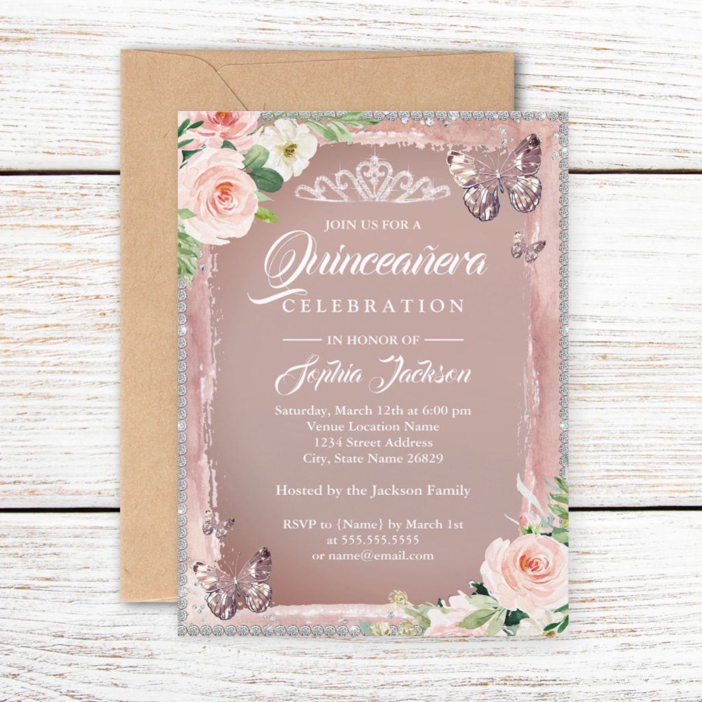 Rose Gold Floral Butterfly Sparkle Quinceanera Invitation