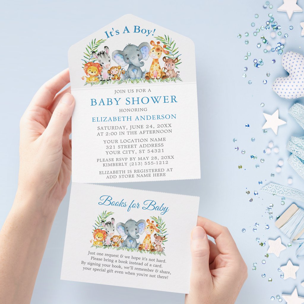 Safari Animals Boy Blue Baby Shower and Books All In One Invitation