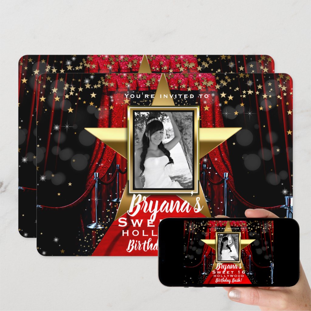 Red Carpet Hollywood Gold Stars Photo Party Invitation