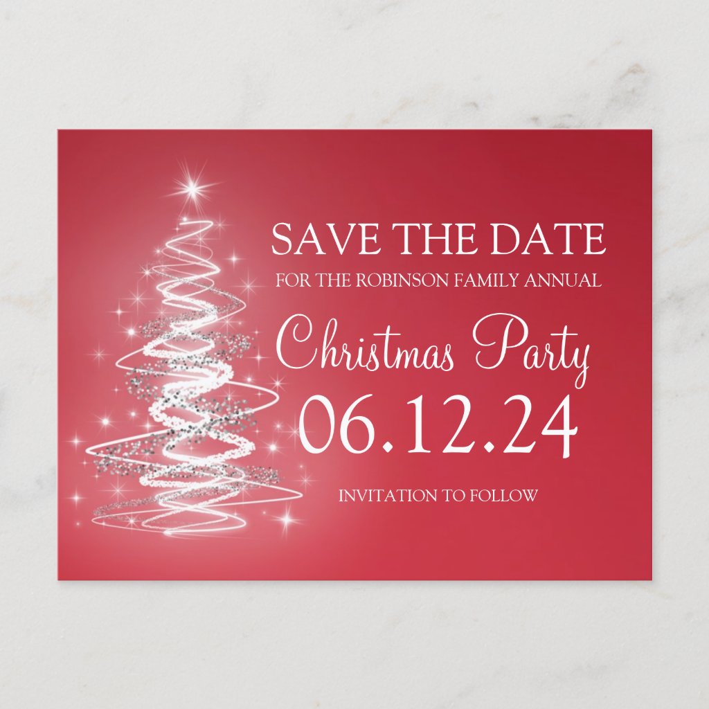 Christmas Party Save The Date Sparkling Tree Red Announcement Postcard
