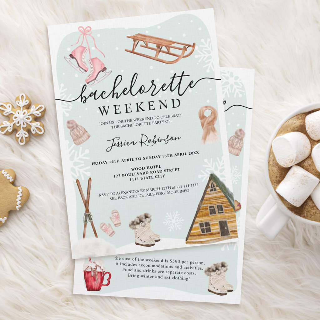 Winter ski bachelorette party weekend illustration invitation