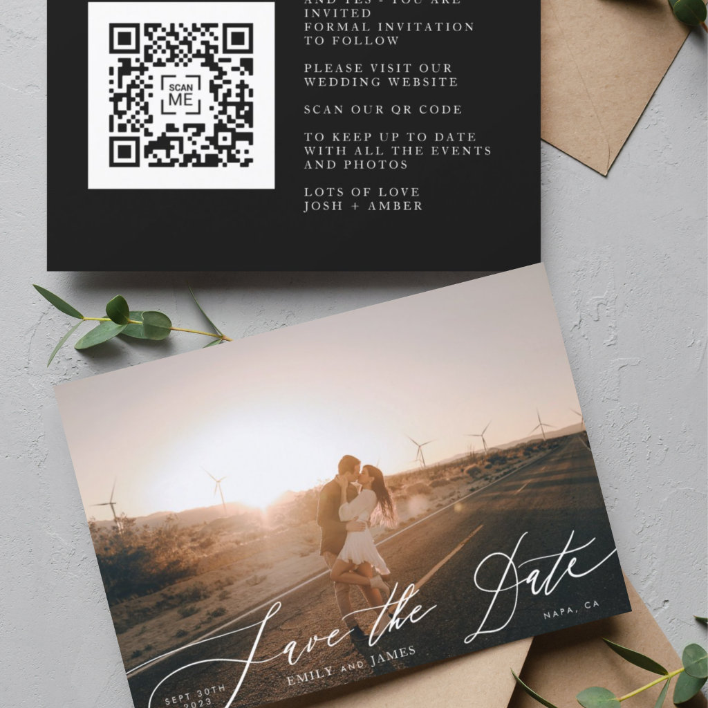 Modern Black and White QR Code Photo Save The Date