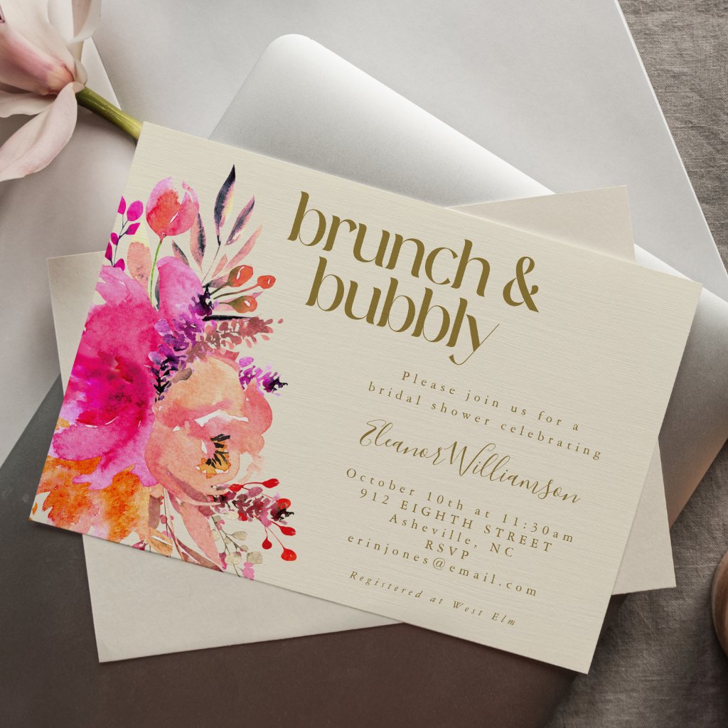 Pink Gold Watercolor Floral Bridal Shower Brunch Invitation