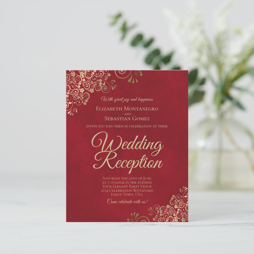 Gold Lace Red Wedding Reception BUDGET Invitation