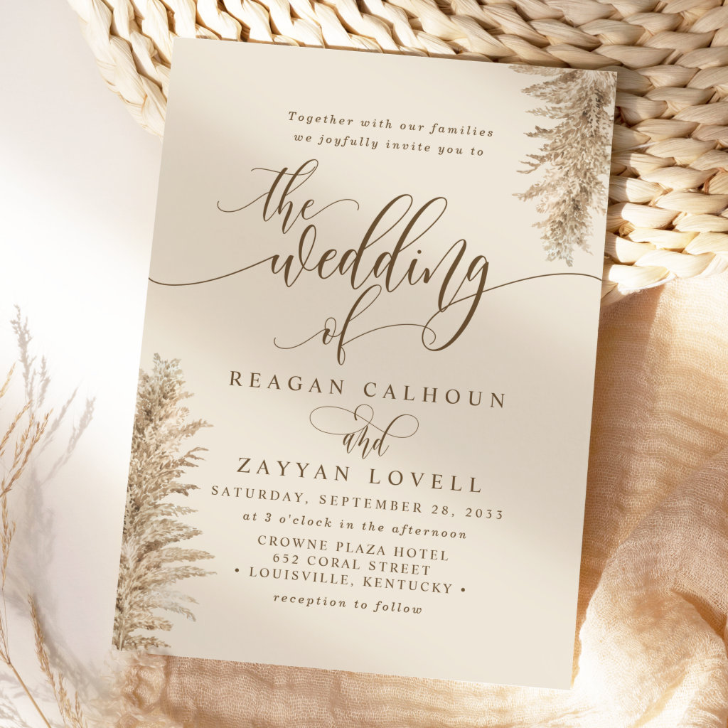 Pampas Grass Earthy Exotic Calligraphy Wedding Invitation