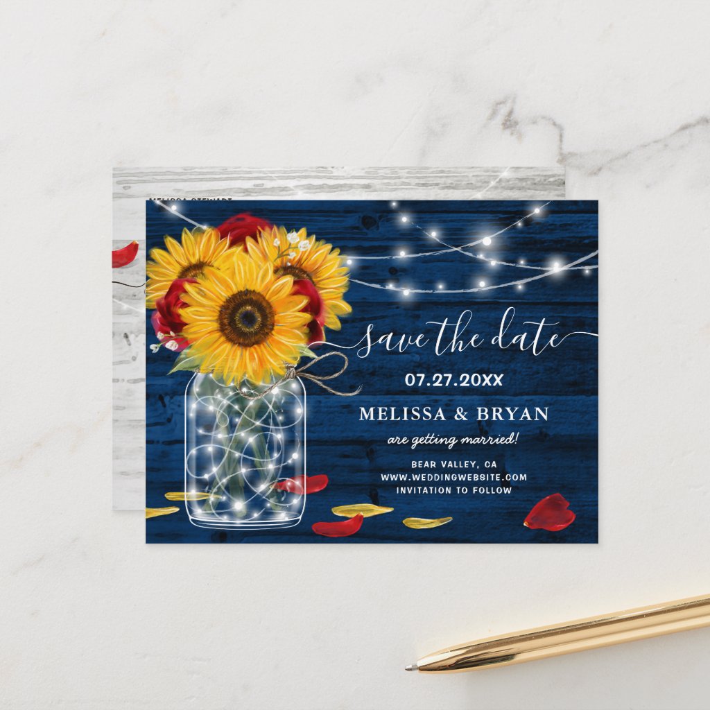 Sunflower Navy Blue Red Rose Rustic Save the Date Announcement Postcard