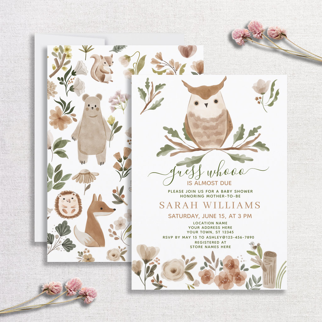 Boho Guess Who is Almost Due Owl Baby Shower Invitation