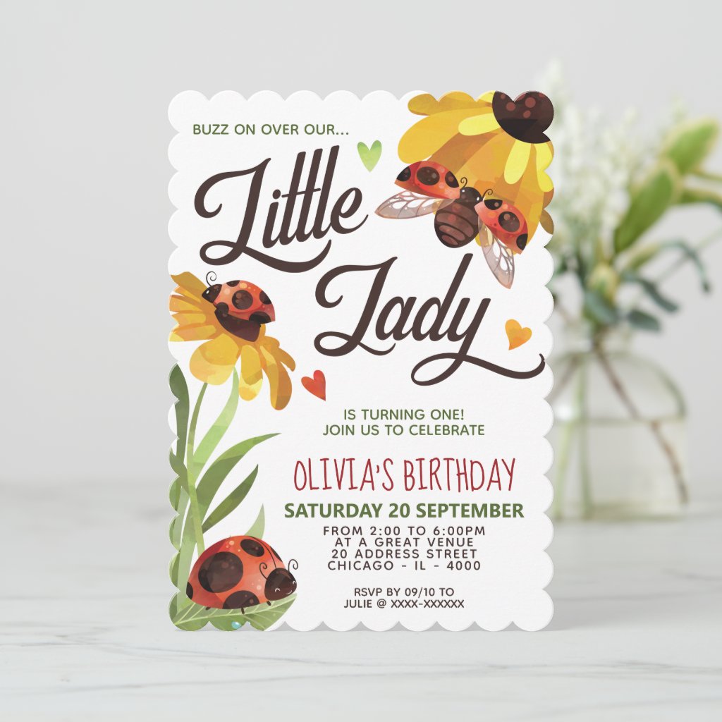 Modern Lady Bug Birthday Invitation