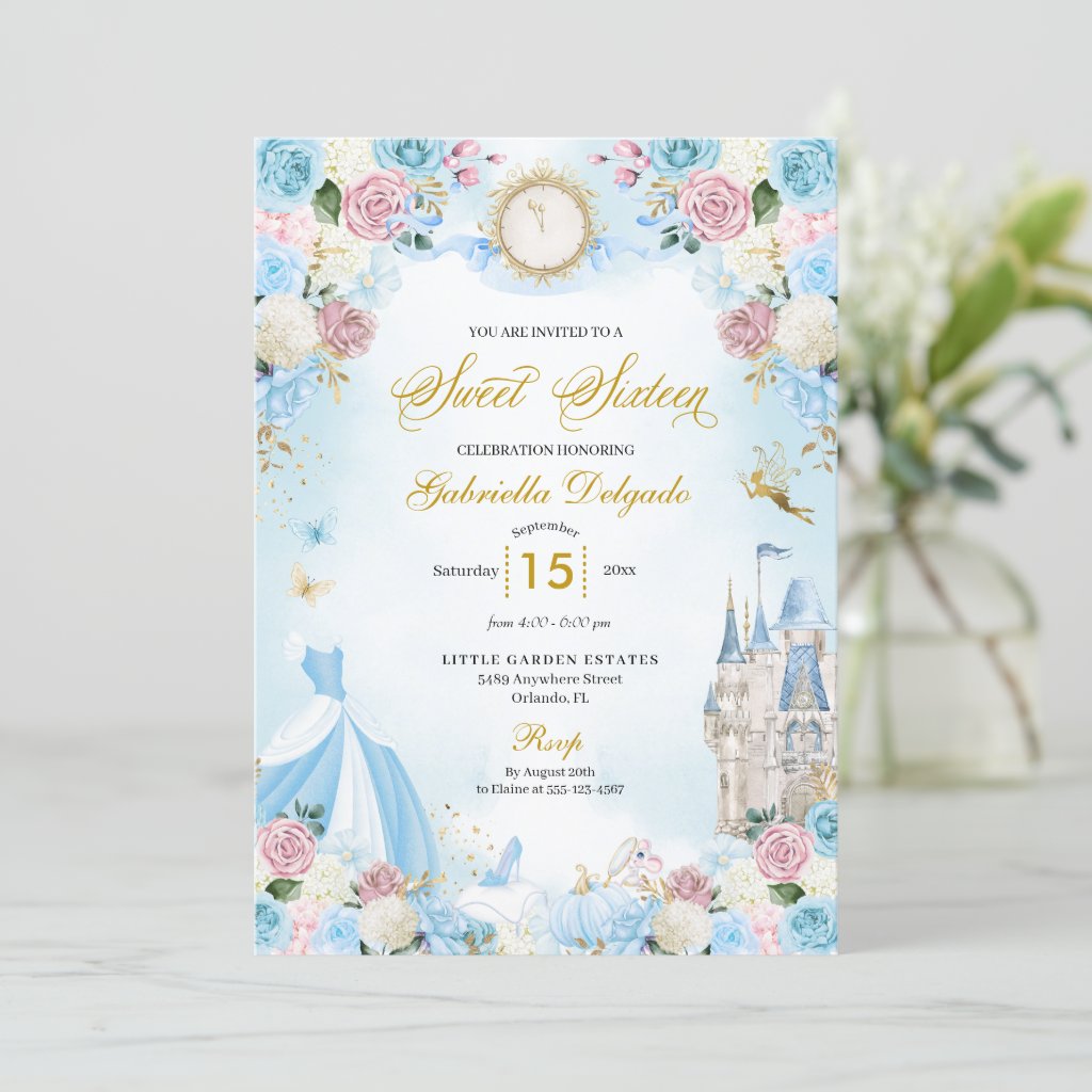 Cinderella Blue & Pink Fairytale Princess Sweet 16 Invitation