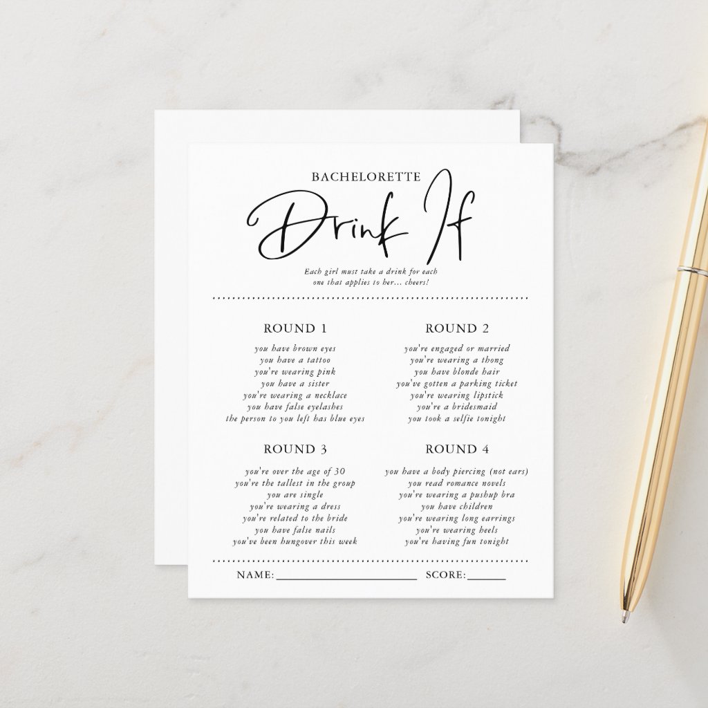 Drink If | Bachelorette Party Game Card