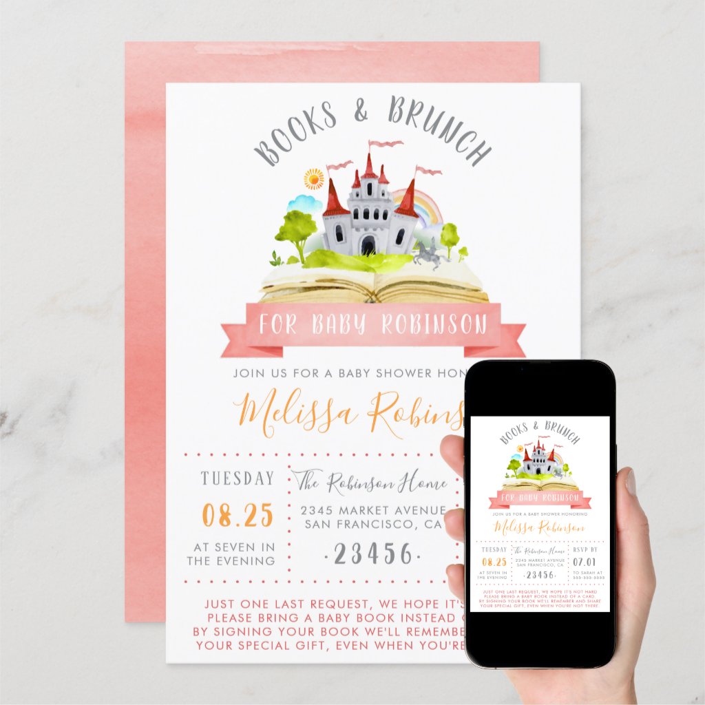 Watercolor Books & Brunch | Red Unisex Baby Shower Invitation