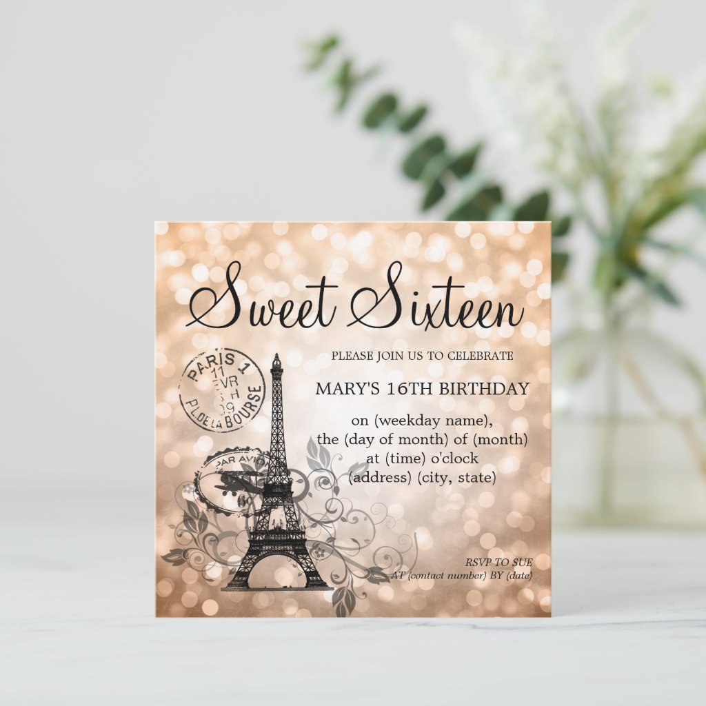 Rose Gold Sweet Sixteen Romantic Paris Glam Invitation
