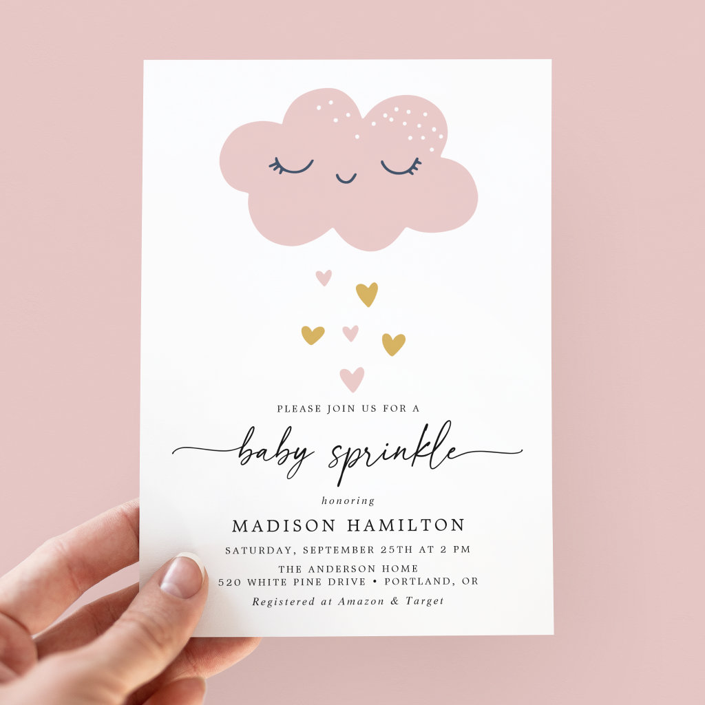 Cute Cloud and Hearts Pink and Gold Baby Sprinkle Invitation