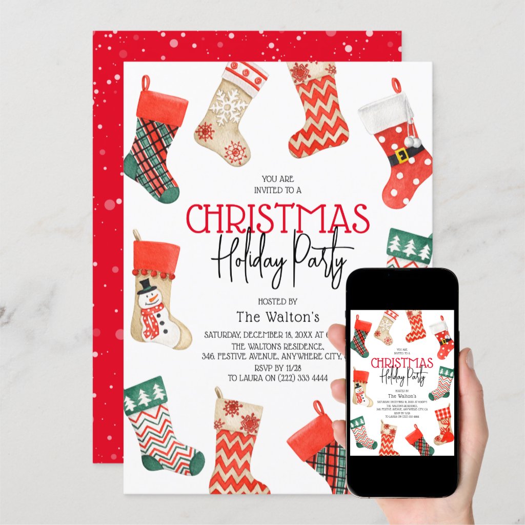 Cute Watercolor Stocking Christmas Holiday Party Invitation
