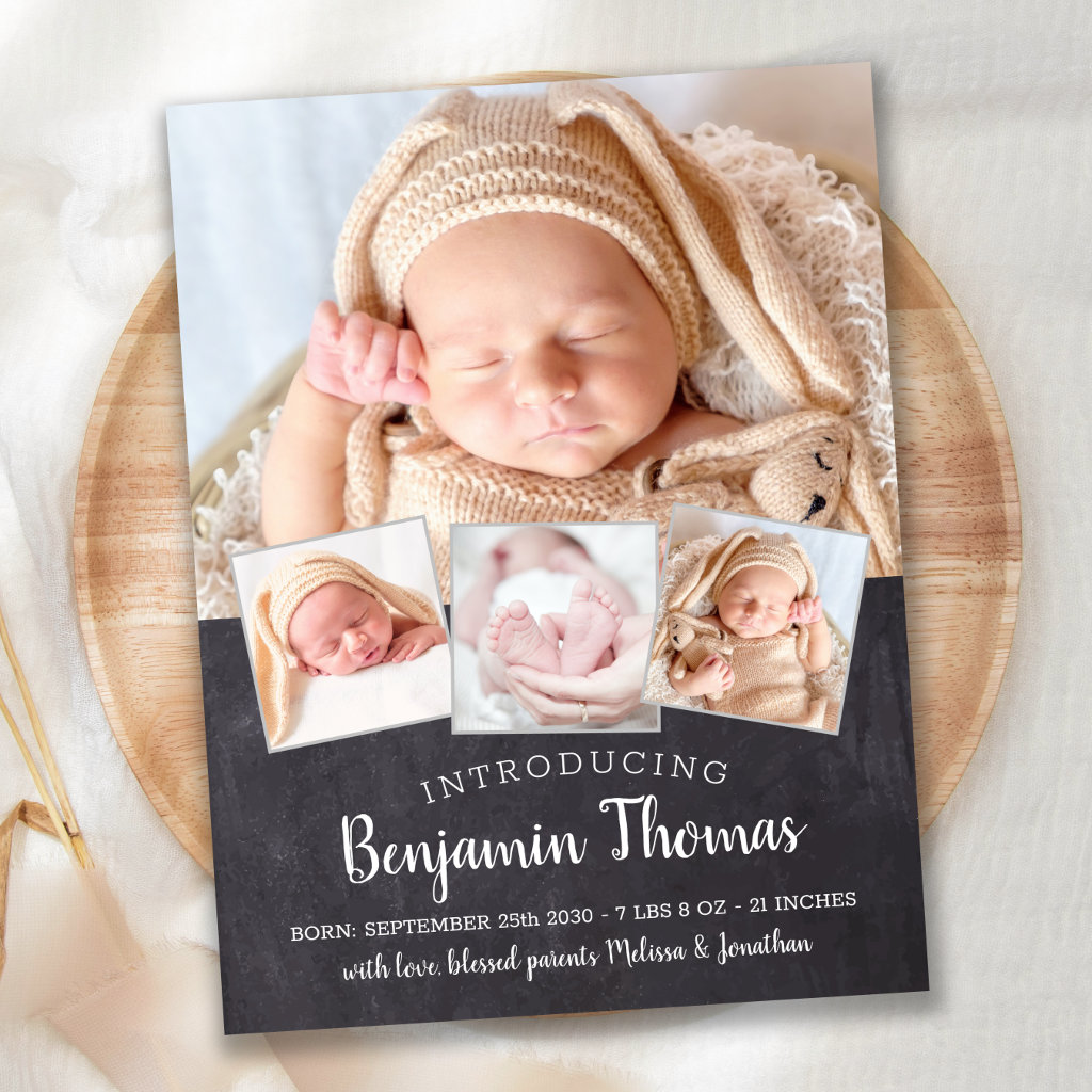 Chalkboard Baby Personalized 4 Photo Collage Birth Announcement Postcard