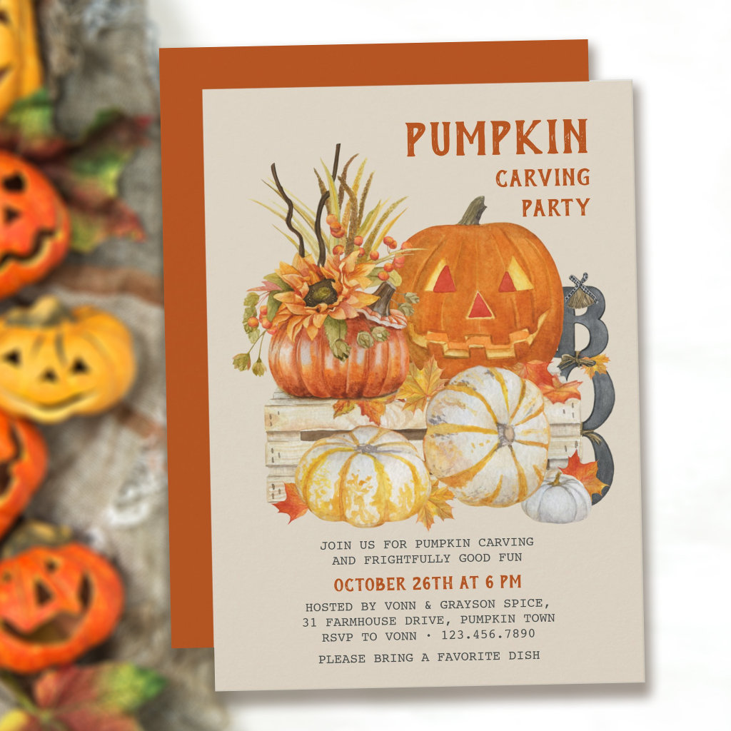 Pumpkin Carving Rustic Farmhouse Halloween Party Invitation