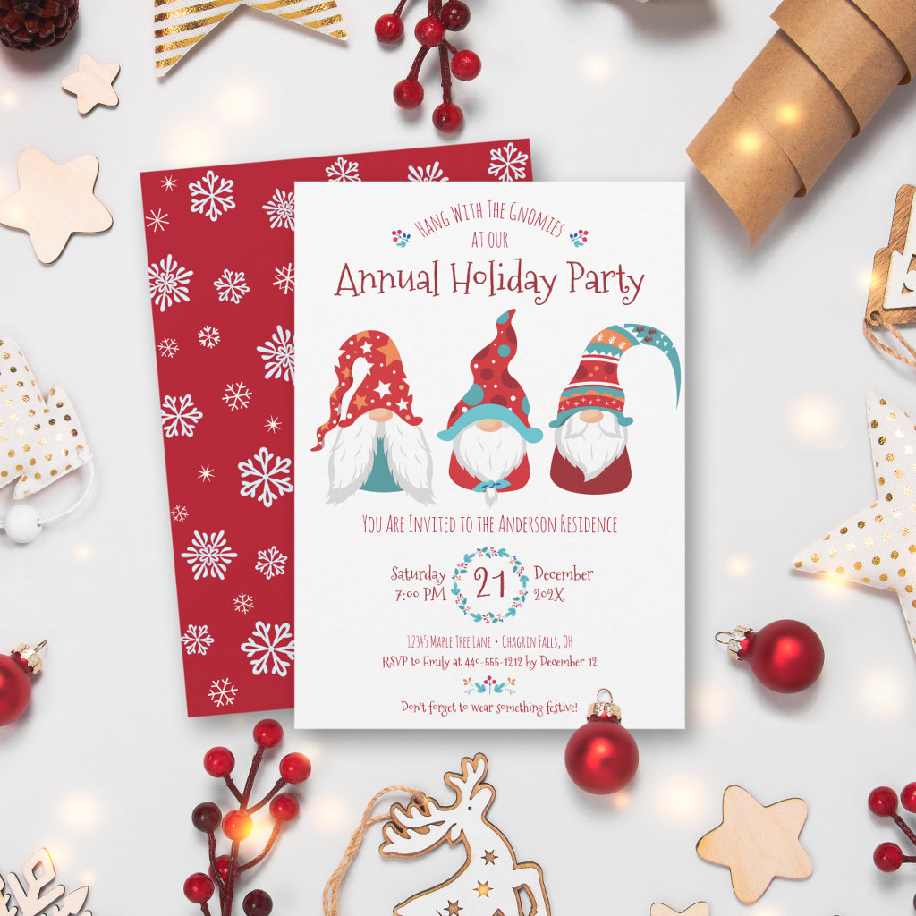 Cute Fun Gnomes Modern Christmas Holiday Party Invitation
