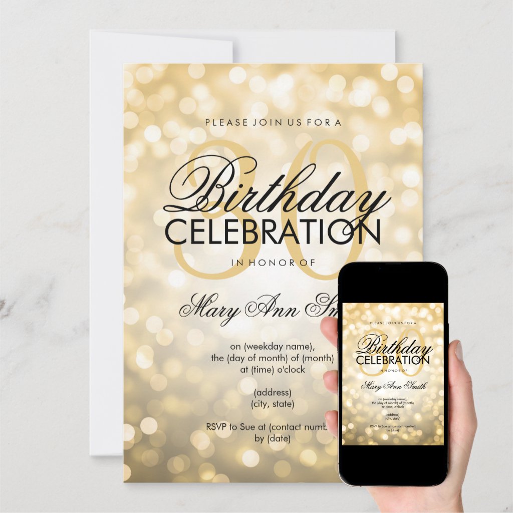 Elegant 30th Birthday Party Gold Glitter Lights Invitation