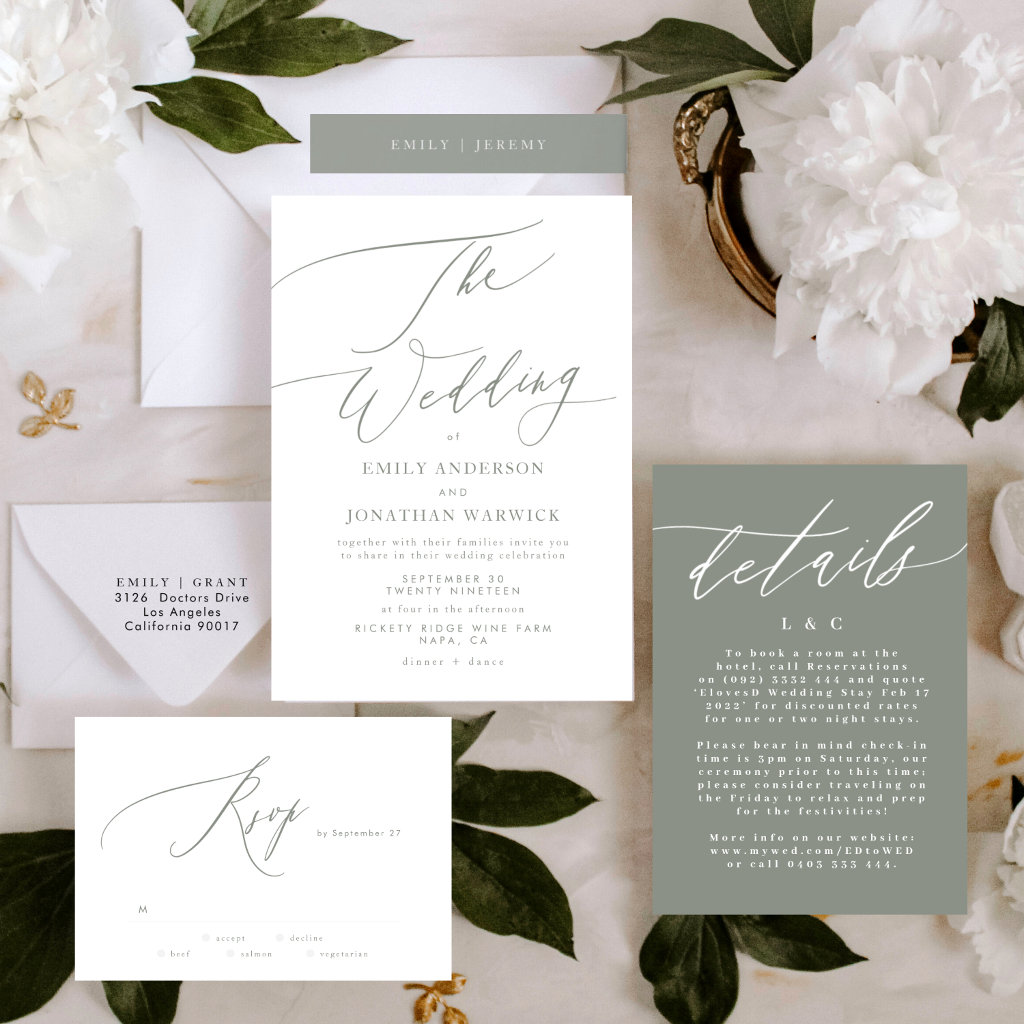 Modern Sage Green and White Simple Wedding Invitation