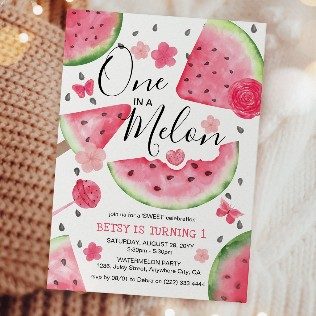 'One in a Melon' Cute Watermelon Girl 1st Birthday Invitation