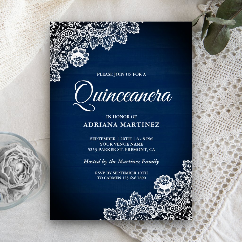 Vintage Country Navy Blue Wood Lace Quinceanera Invitation