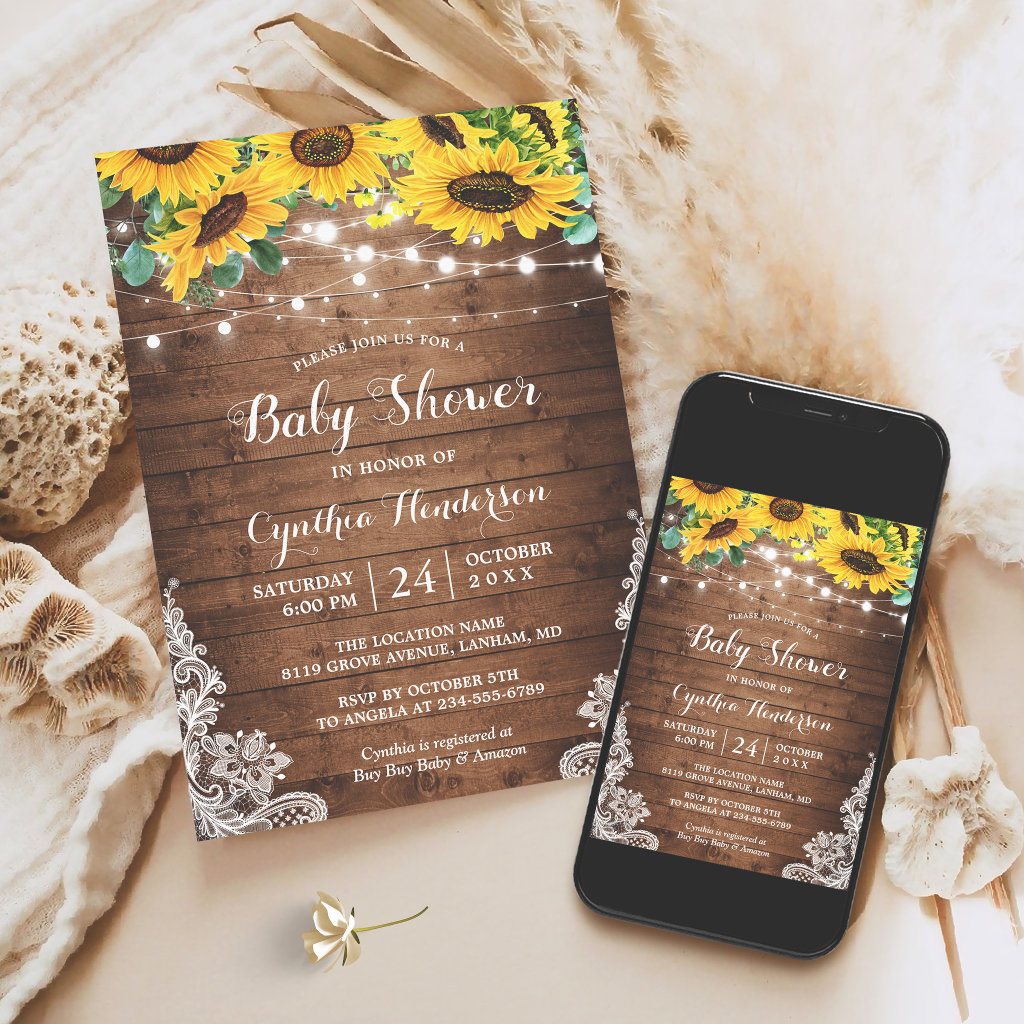 Rustic Sunflowers String Lights Lace Baby Shower Invitation