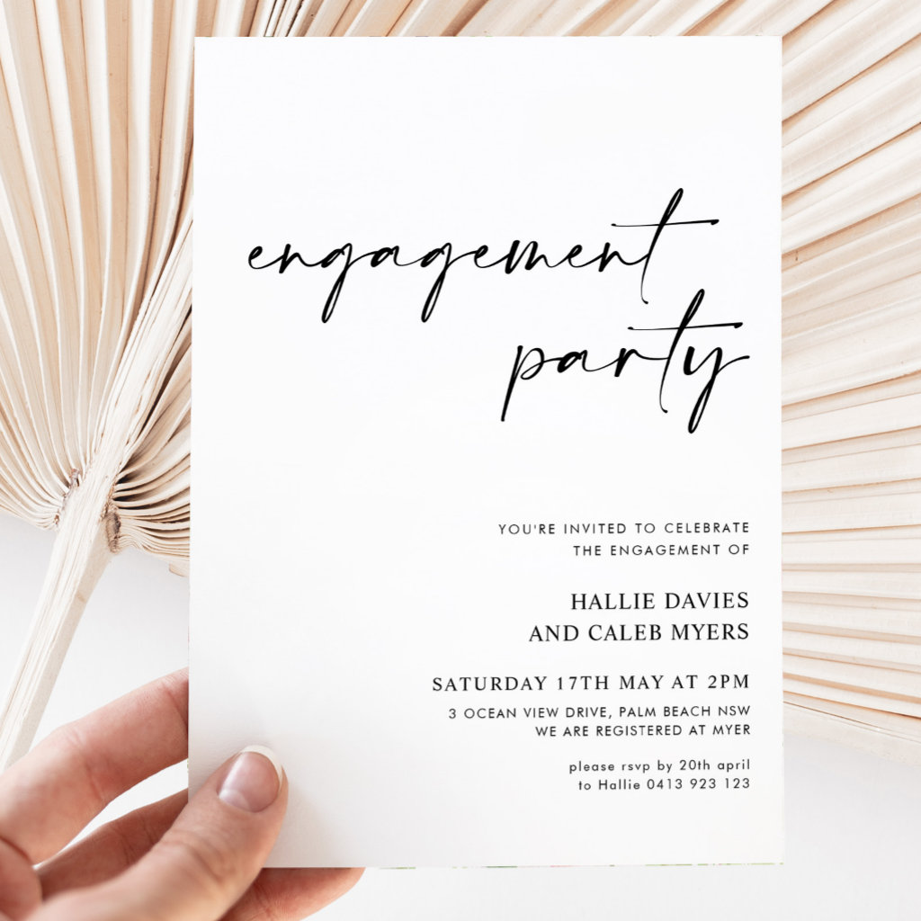 Modern Simple Script Black White Engagement Party Invitation