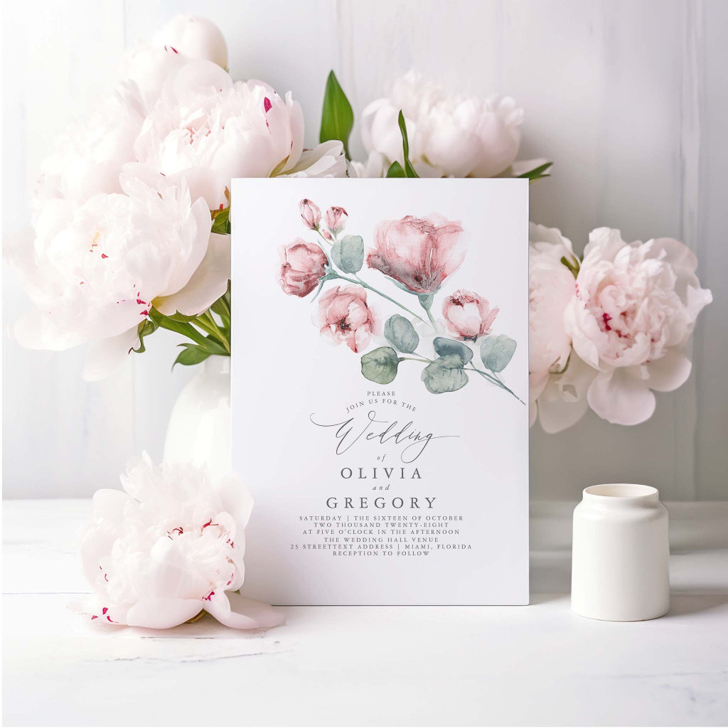 Elegant Modern Dusty Pink Rose Floral Wedding Invitation