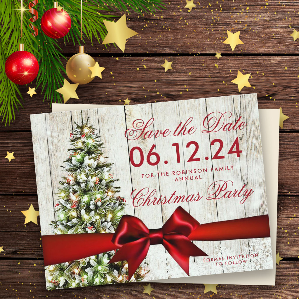 Christmas Holiday Save Date | Tree & Red Ribbon Announcement Postcard