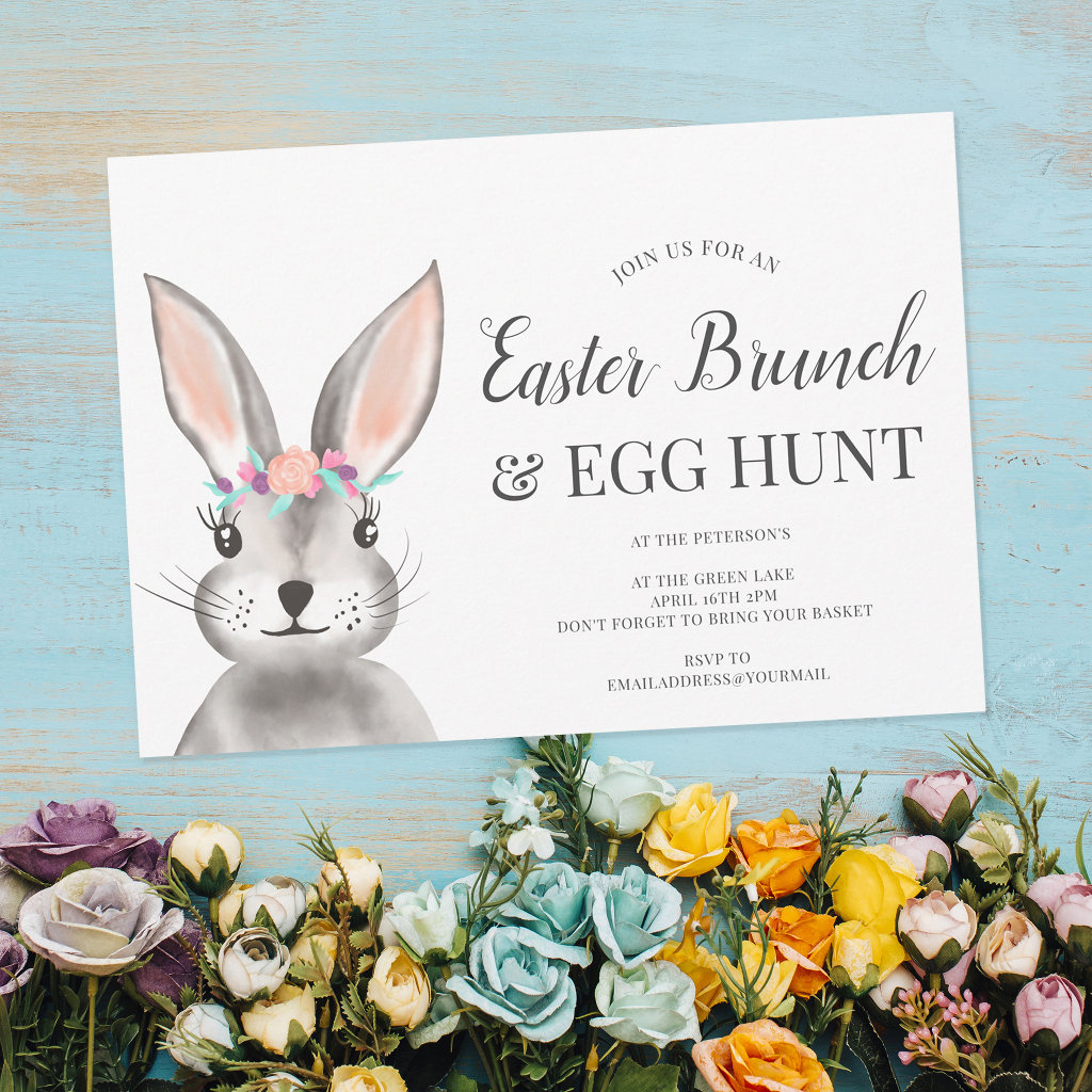 Cute bunny rabbit floral easter brunch egg hunt invitation