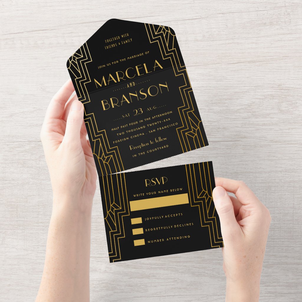 Black and Gold Art Deco Wedding All In One Invitation