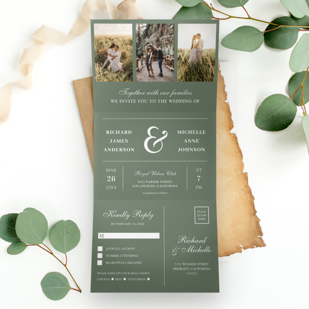 Sage Green Minimal 3 in 1 Photo Collage Wedding Tri-Fold Invitation