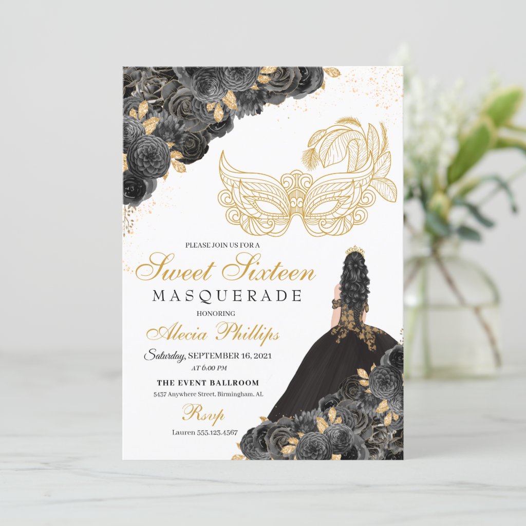 Black & Gold Floral Masquerade Sweet 16 Invitation