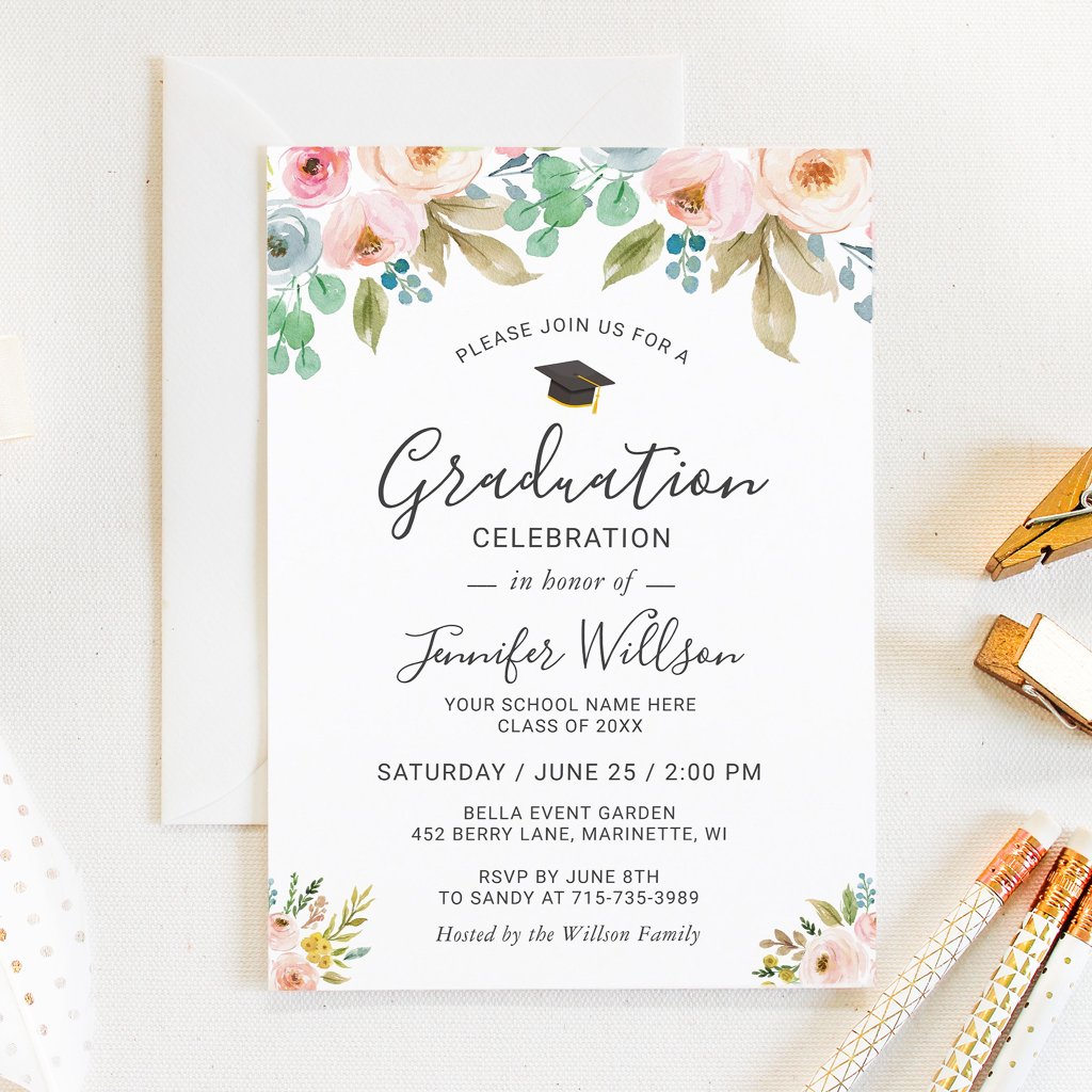 Watercolor Floral Girly Photo Graduation Party Invitation