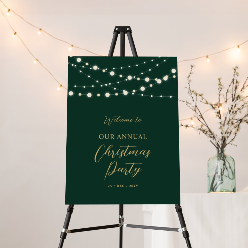 Green & Gold String Light Christmas Party Welcome Foam Board