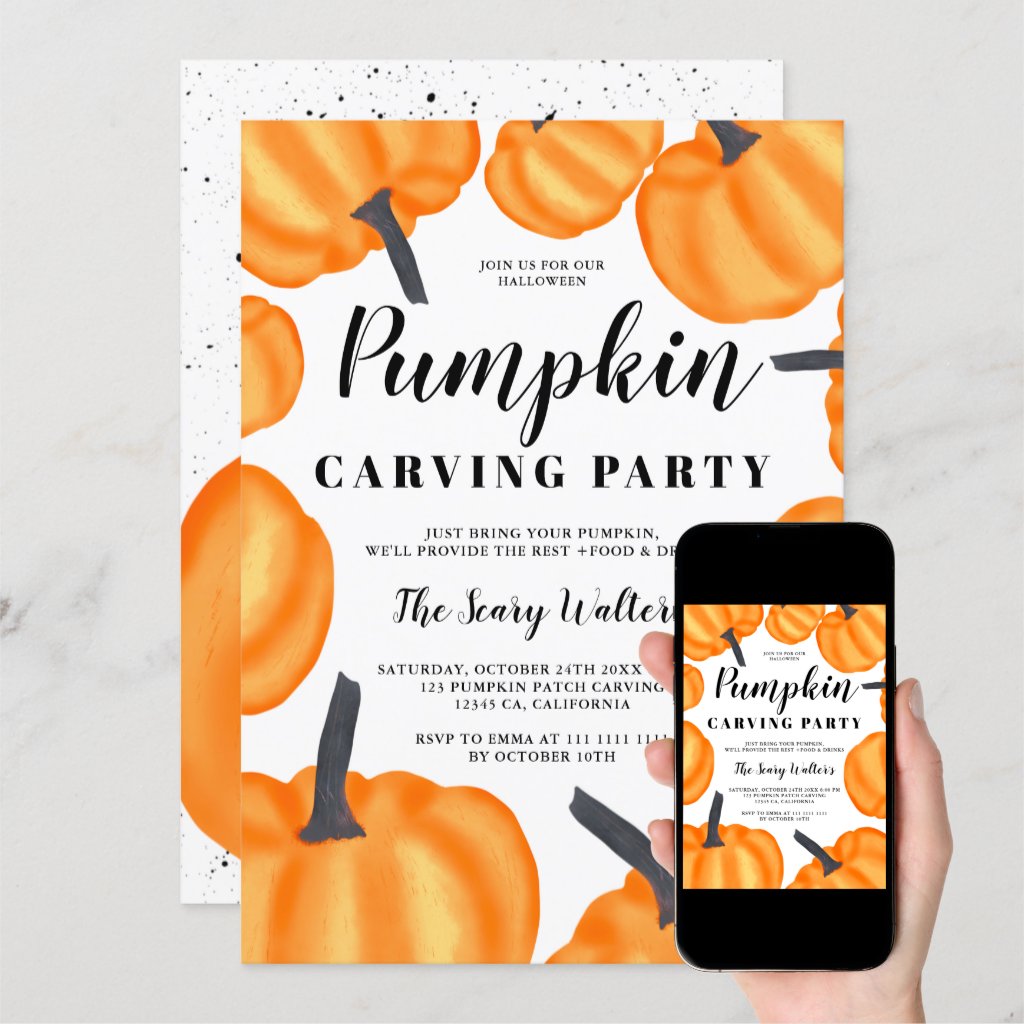 Halloween orange pumpkin carving party patch invitation