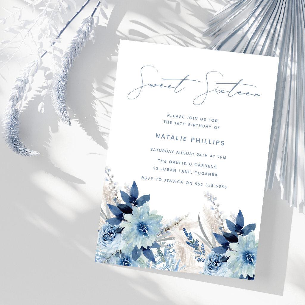 Dusty Blue Watercolor Florals Sweet 16 Birthday Invitation