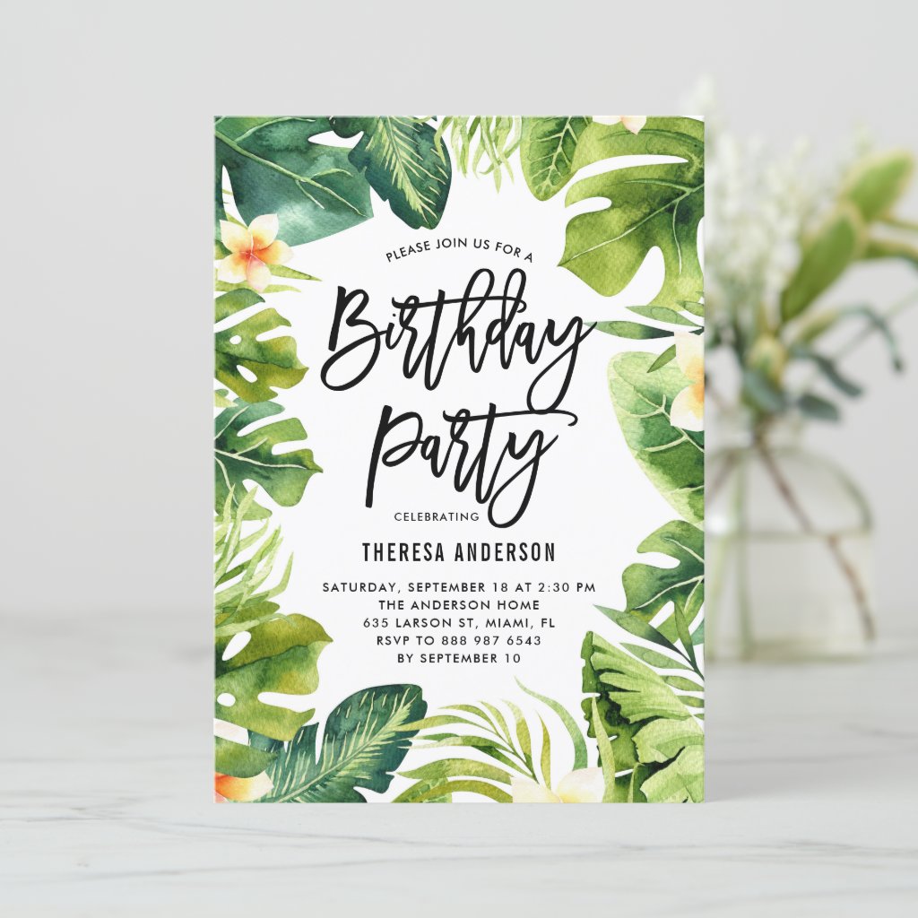 Tropical Greenery and Plumeria Birthday Party Invitation